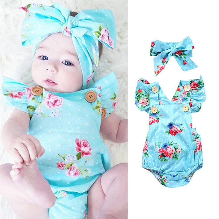 Baby Girls Flower Print Rompers And Accessories Headwear
