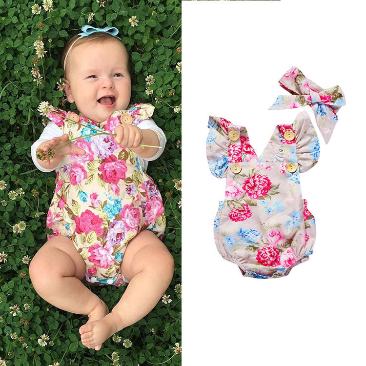 Baby Girls Flower Print Rompers And Accessories Headwear