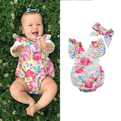 Baby Girls Flower Print Rompers And Accessories Headwear