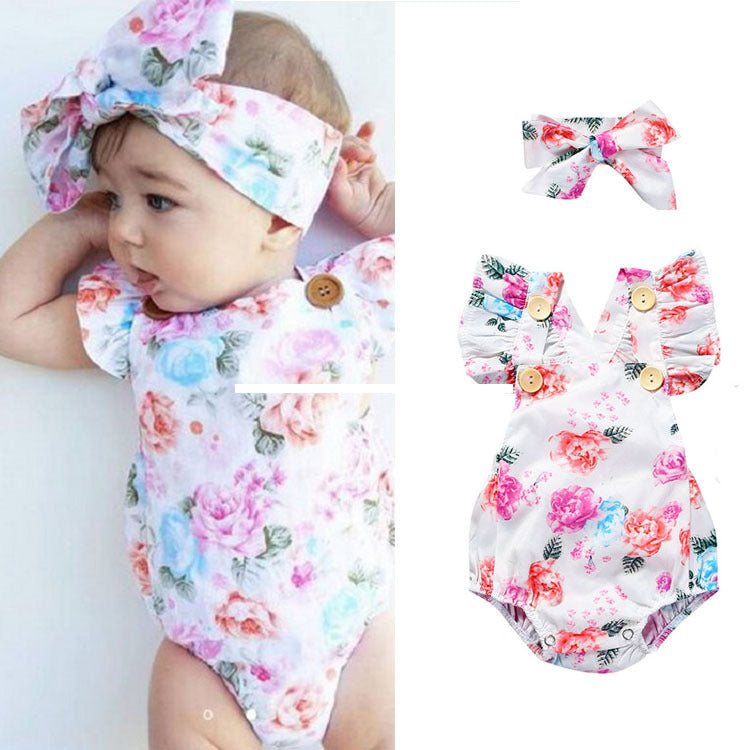 Baby Girls Flower Print Rompers And Accessories Headwear
