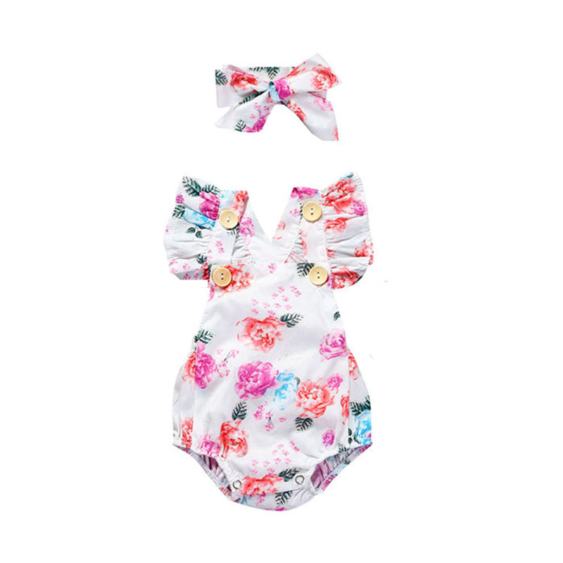 Baby Girls Flower Print Rompers And Accessories Headwear