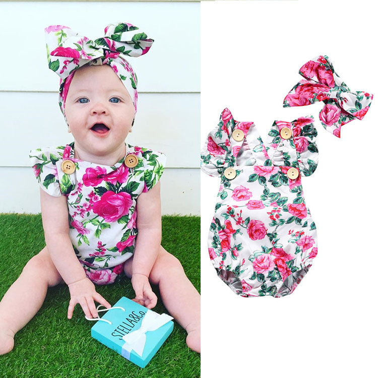 Baby Girls Flower Print Rompers And Accessories Headwear