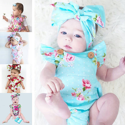 Baby Girls Flower Print Rompers And Accessories Headwear