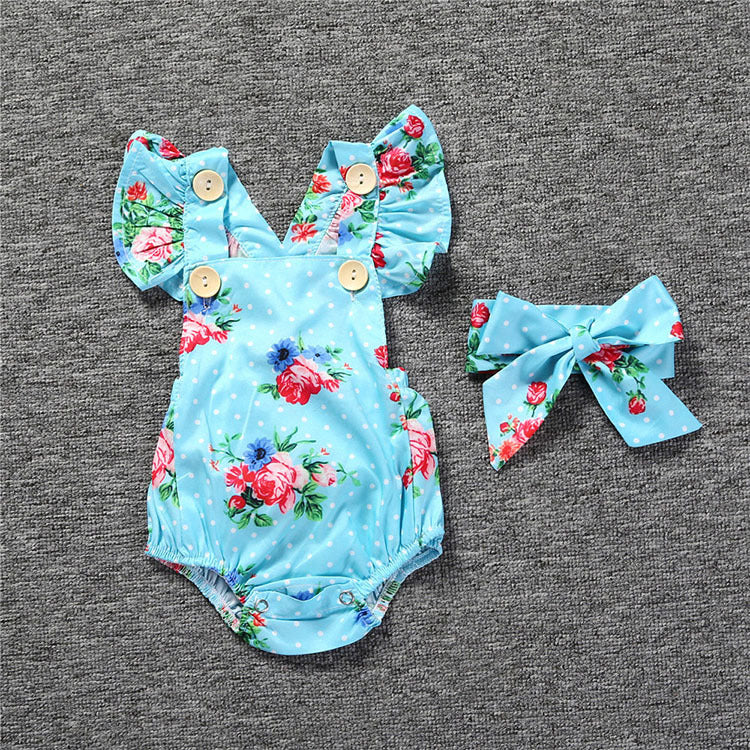 Baby Girls Flower Print Rompers And Accessories Headwear