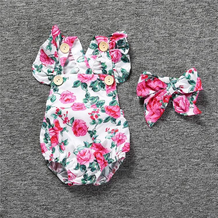 Baby Girls Flower Print Rompers And Accessories Headwear