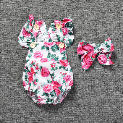 Baby Girls Flower Print Rompers And Accessories Headwear