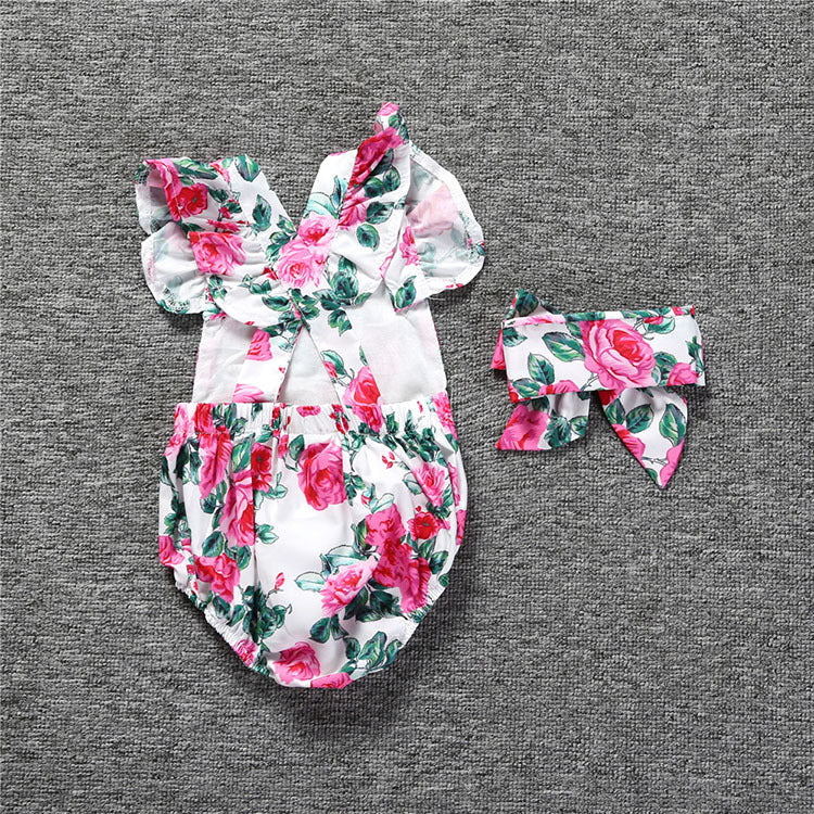 Baby Girls Flower Print Rompers And Accessories Headwear