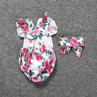 Baby Girls Flower Print Rompers And Accessories Headwear