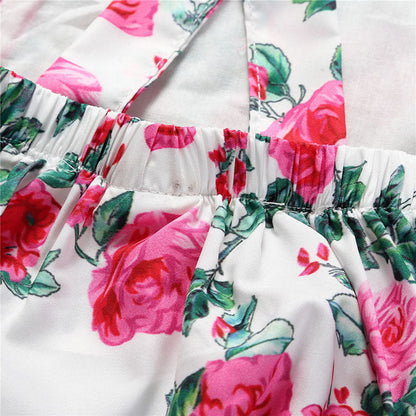 Baby Girls Flower Print Rompers And Accessories Headwear