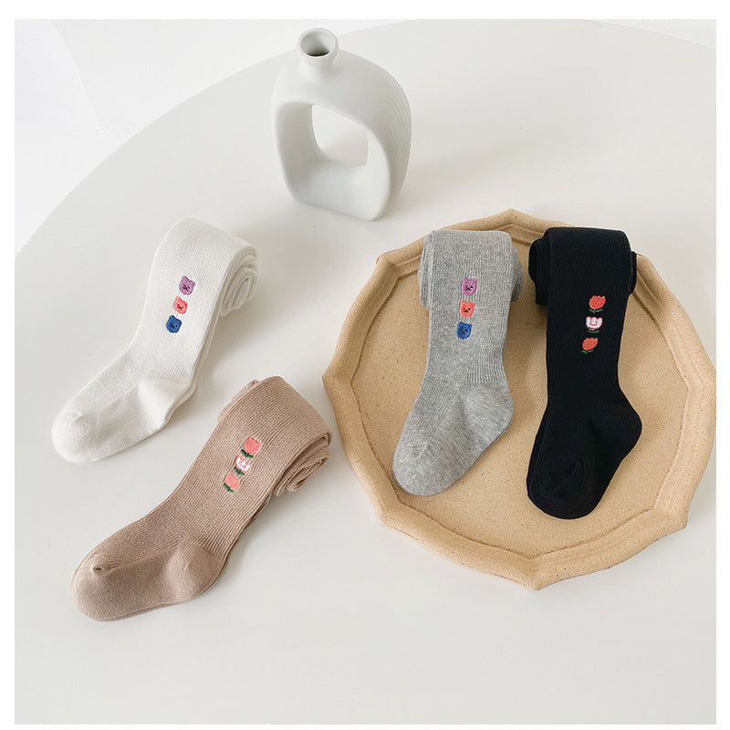 Girls Animals Embroidered Muslin&Ribbed Leggings Socks