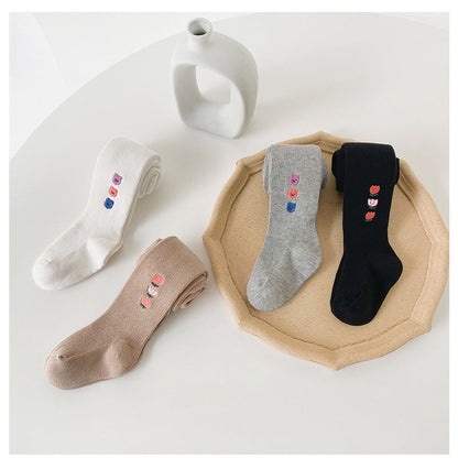 Girls Animals Embroidered Muslin&Ribbed Leggings Socks