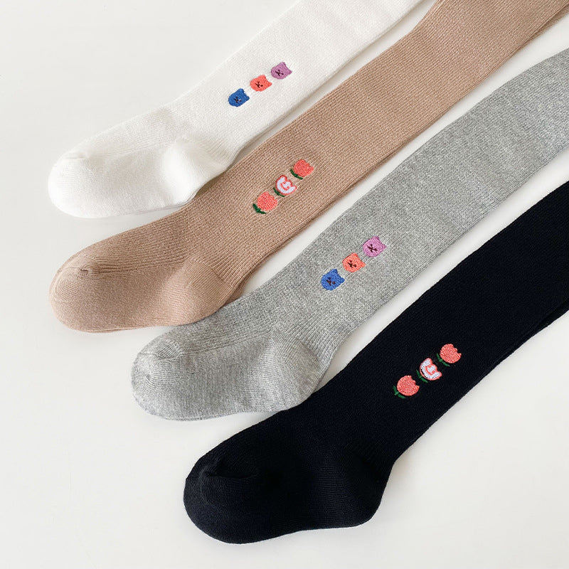 Girls Animals Embroidered Muslin&Ribbed Leggings Socks
