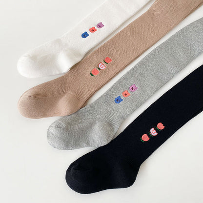 Girls Animals Embroidered Muslin&Ribbed Leggings Socks