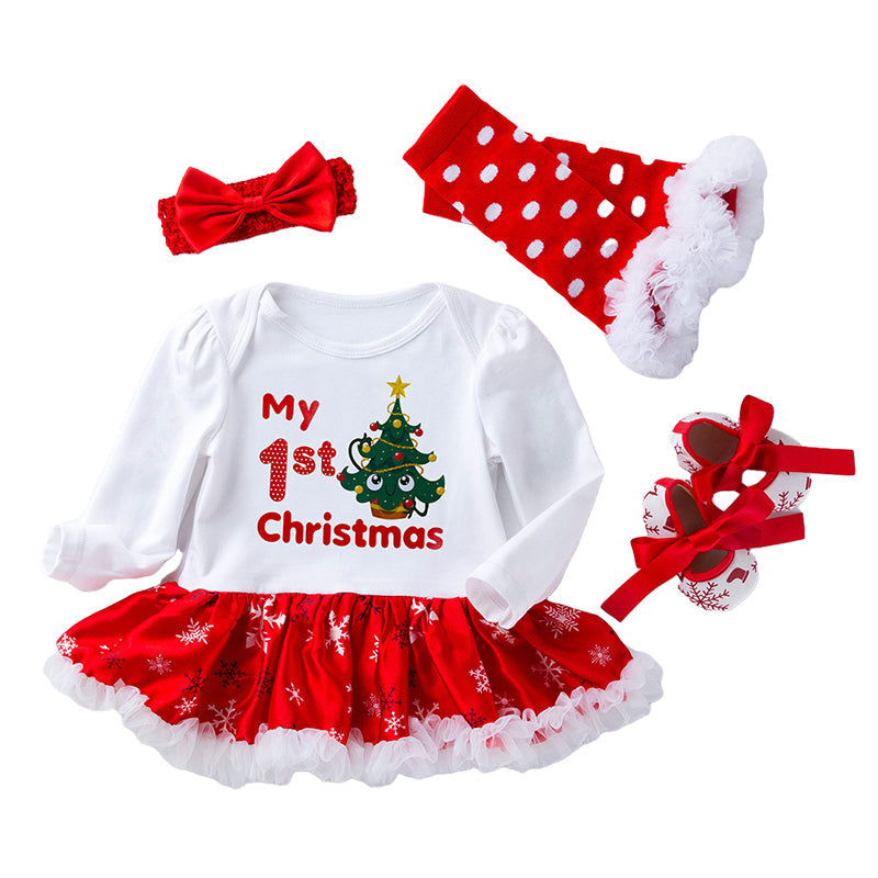 4 Pieces Set Baby Girls Christmas Dresses Bow Shoes Headwear