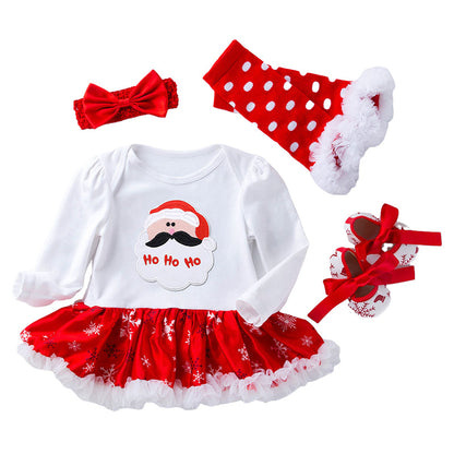 4 Pieces Set Baby Girls Christmas Dresses Bow Shoes Headwear