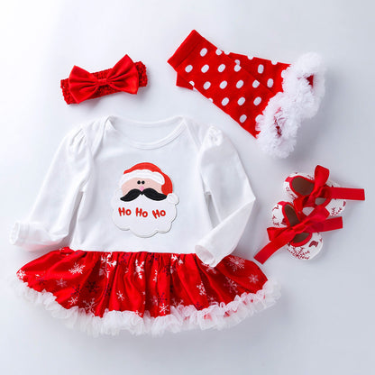 4 Pieces Set Baby Girls Christmas Dresses Bow Shoes Headwear