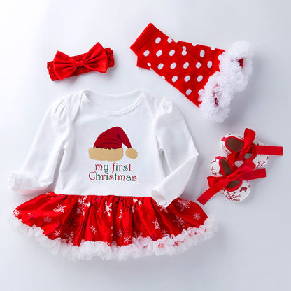 4 Pieces Set Baby Girls Christmas Dresses Bow Shoes Headwear