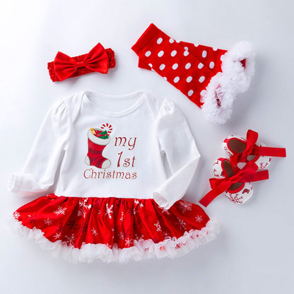 4 Pieces Set Baby Girls Christmas Dresses Bow Shoes Headwear