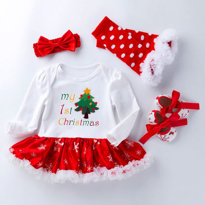 4 Pieces Set Baby Girls Christmas Dresses Bow Shoes Headwear