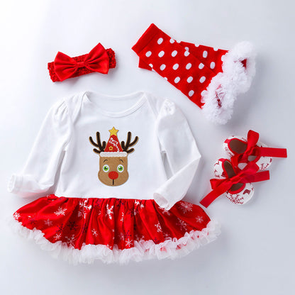 4 Pieces Set Baby Girls Christmas Dresses Bow Shoes Headwear