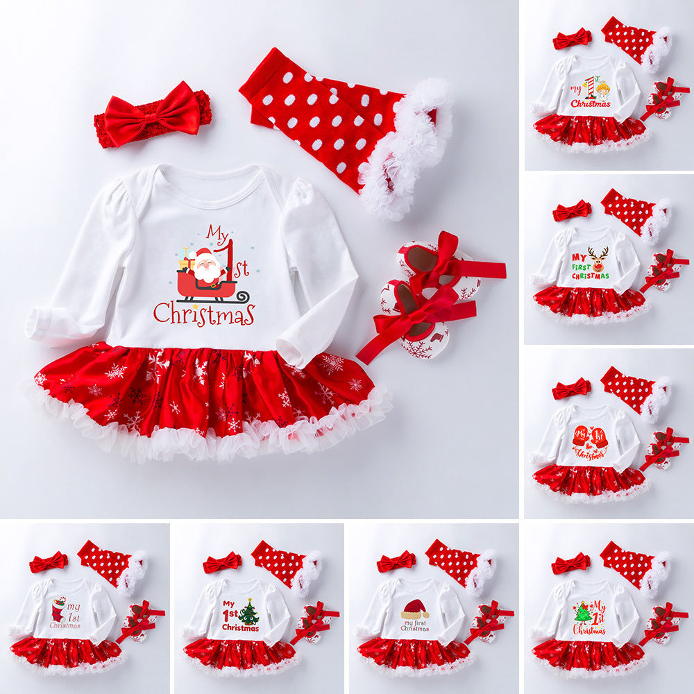 4 Pieces Set Baby Girls Christmas Dresses Bow Shoes Headwear
