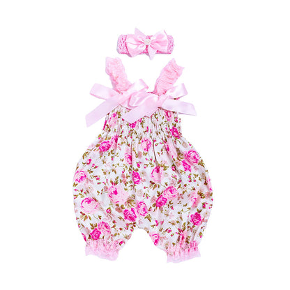 Baby Girls Bow Unicorn Print Jumpsuits Headwear