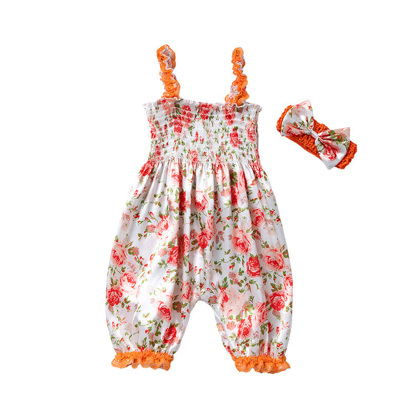 Baby Girls Bow Unicorn Print Jumpsuits Headwear