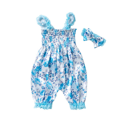 Baby Girls Bow Unicorn Print Jumpsuits Headwear