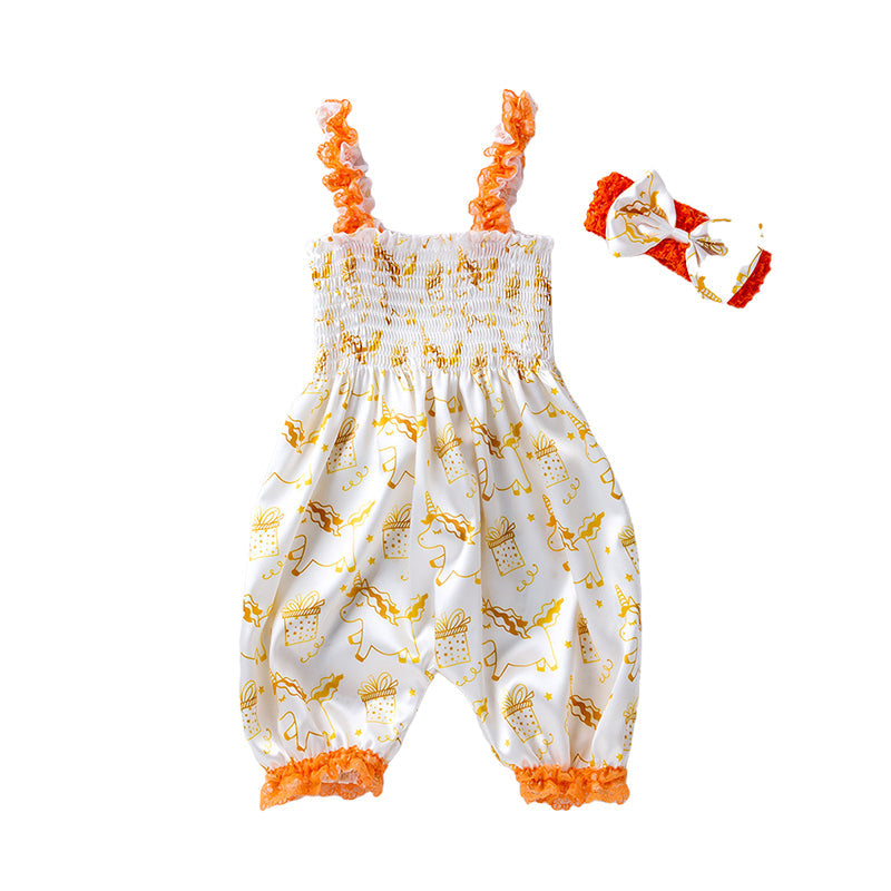 Baby Girls Bow Unicorn Print Jumpsuits Headwear
