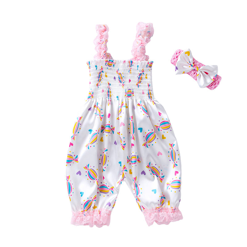Baby Girls Bow Unicorn Print Jumpsuits Headwear