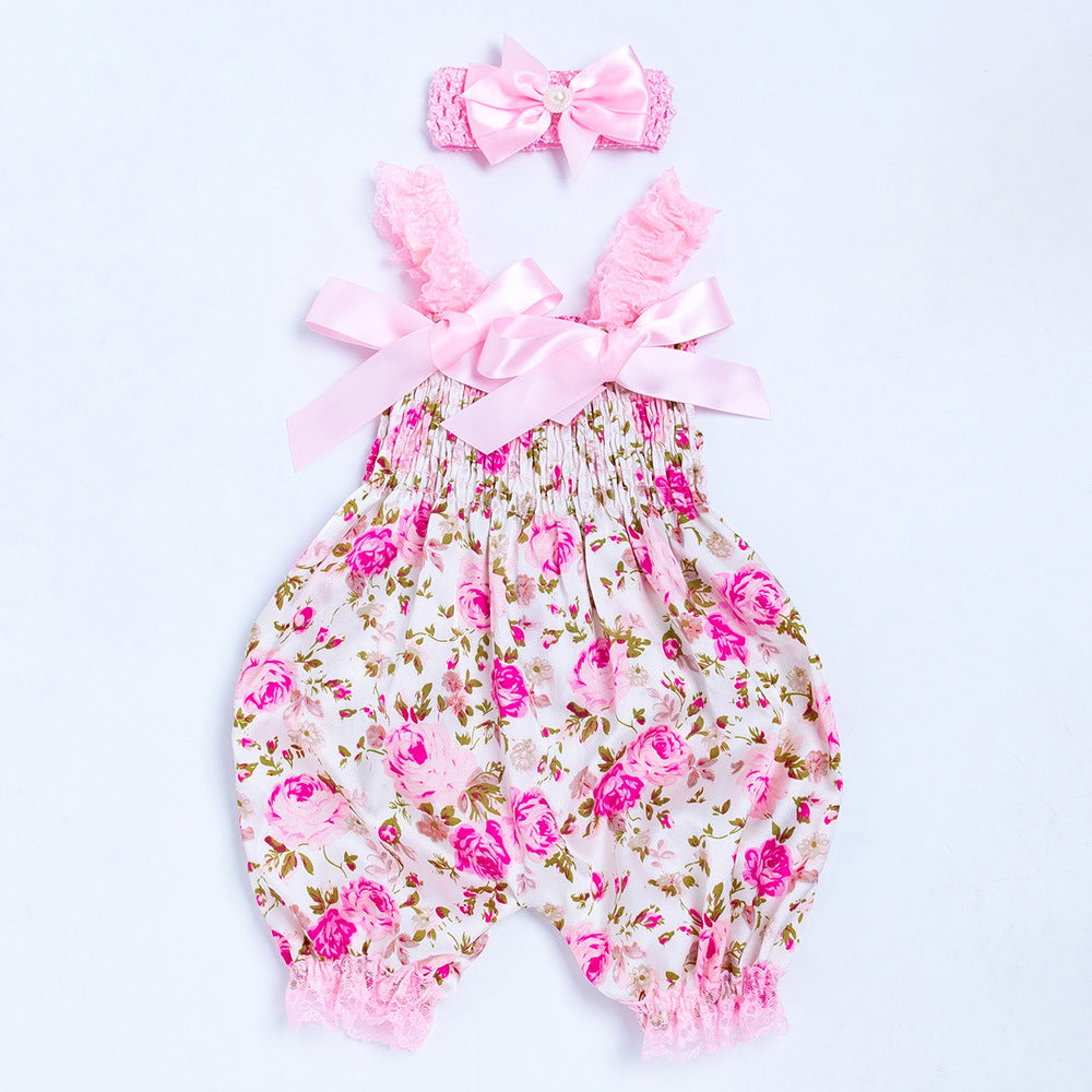 Baby Girls Bow Unicorn Print Jumpsuits Headwear