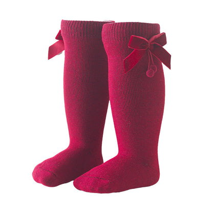 Girls Solid Color Bow Muslin&Ribbed Accessories Socks Wholesale 22030221