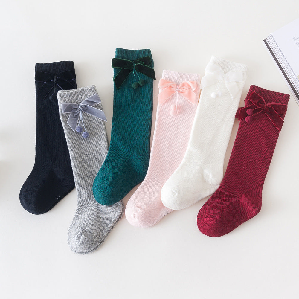 Girls Solid Color Bow Muslin&Ribbed Accessories Socks Wholesale 22030221