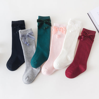 Girls Solid Color Bow Muslin&Ribbed Accessories Socks Wholesale 22030221