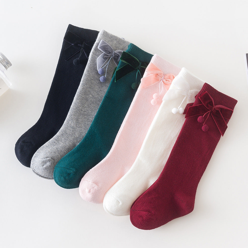 Girls Solid Color Bow Muslin&Ribbed Accessories Socks Wholesale 22030221