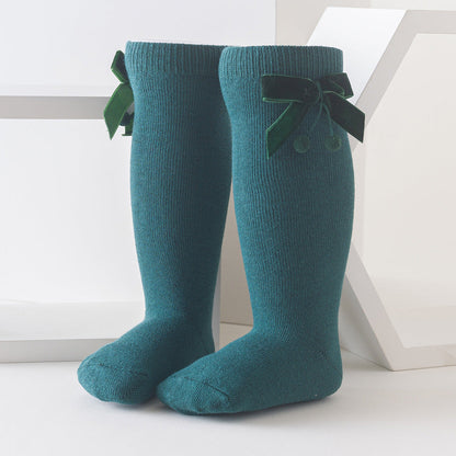 Girls Solid Color Bow Muslin&Ribbed Accessories Socks Wholesale 22030221
