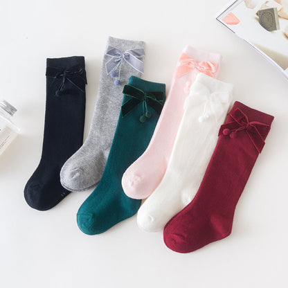 Girls Solid Color Bow Muslin&Ribbed Accessories Socks Wholesale 22030221