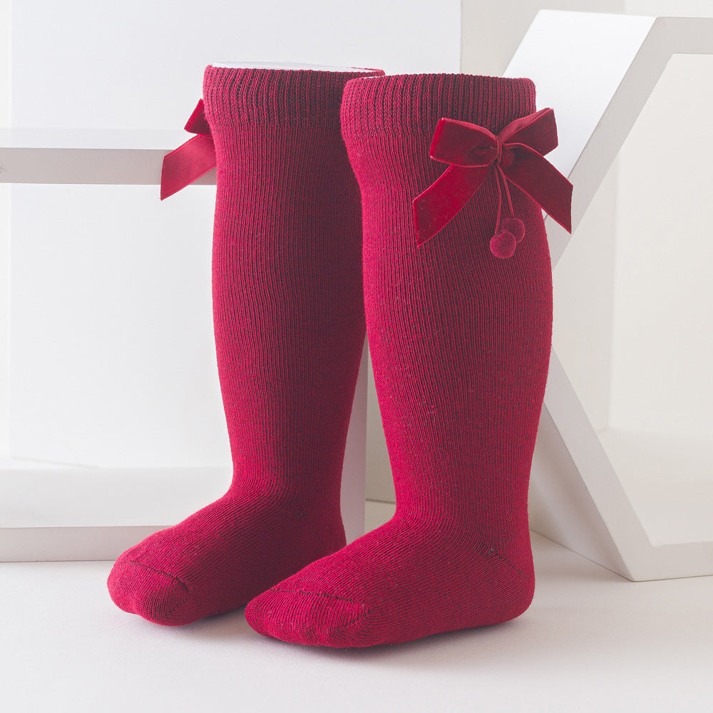 Girls Solid Color Bow Muslin&Ribbed Accessories Socks Wholesale 22030221