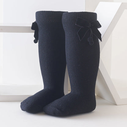 Girls Solid Color Bow Muslin&Ribbed Accessories Socks Wholesale 22030221