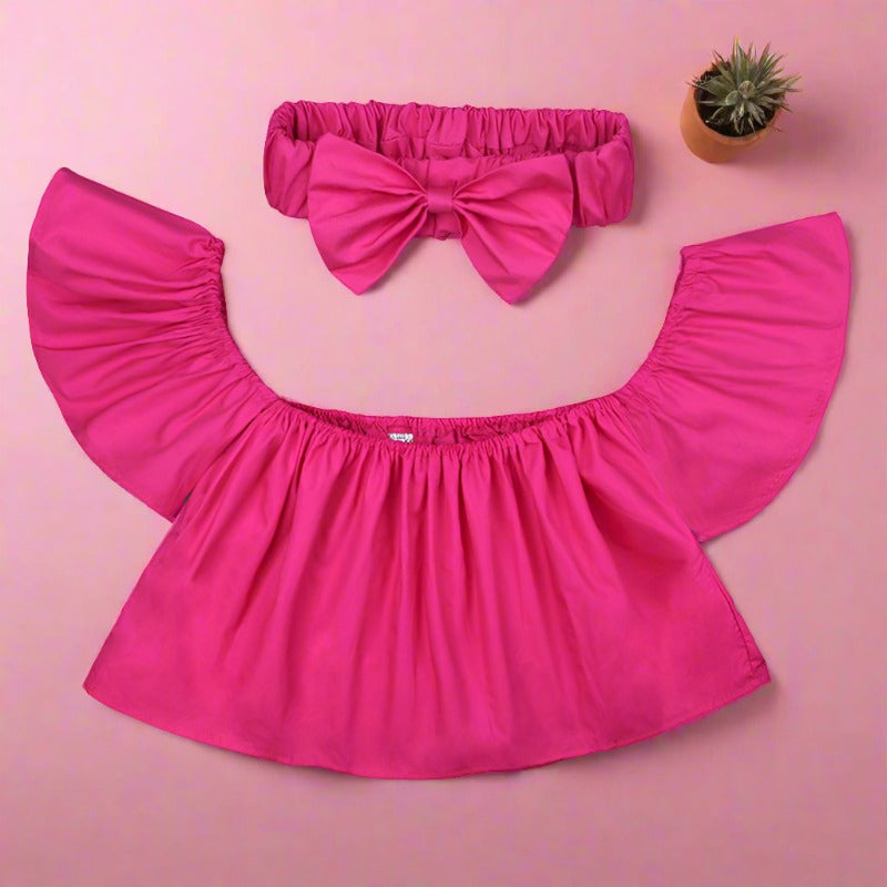Baby Kid Girls Solid Color Tops And Bow Headwear