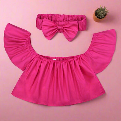 Baby Kid Girls Solid Color Tops And Bow Headwear