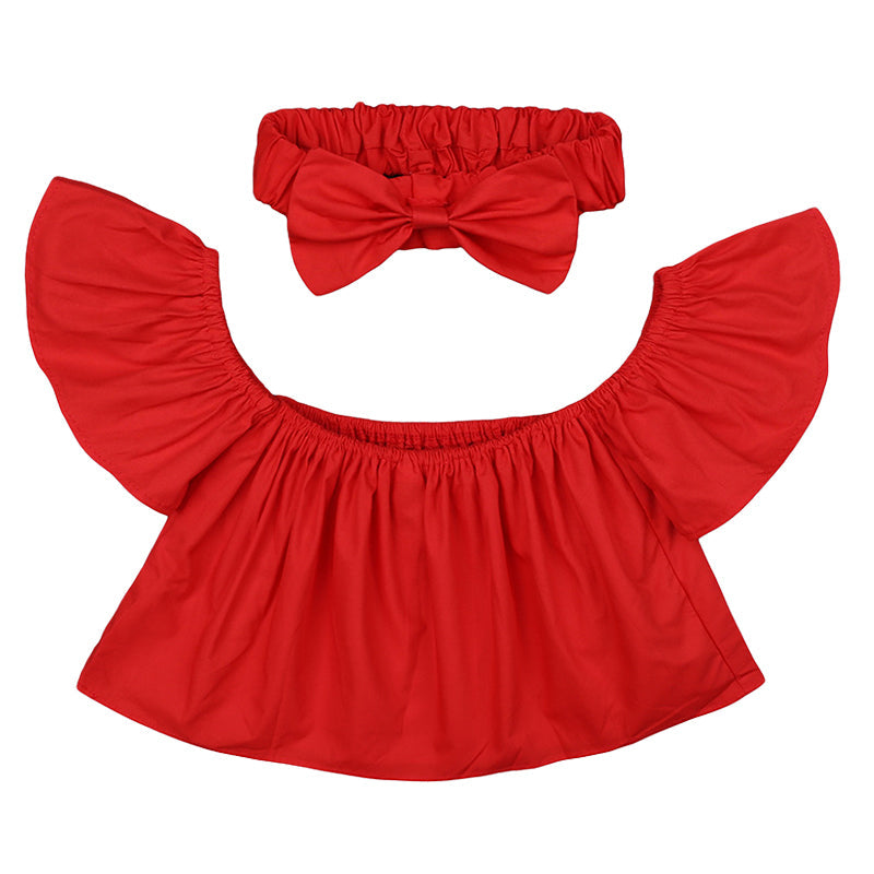 Baby Kid Girls Solid Color Tops And Bow Headwear