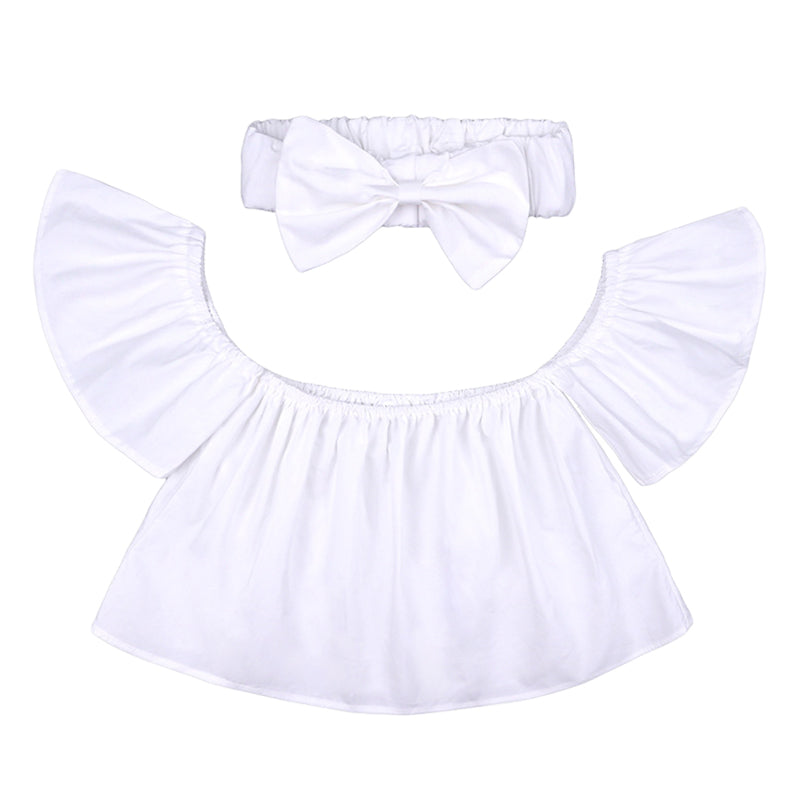 Baby Kid Girls Solid Color Tops And Bow Headwear