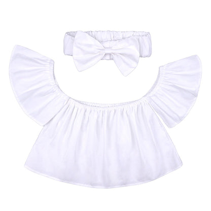 Baby Kid Girls Solid Color Tops And Bow Headwear