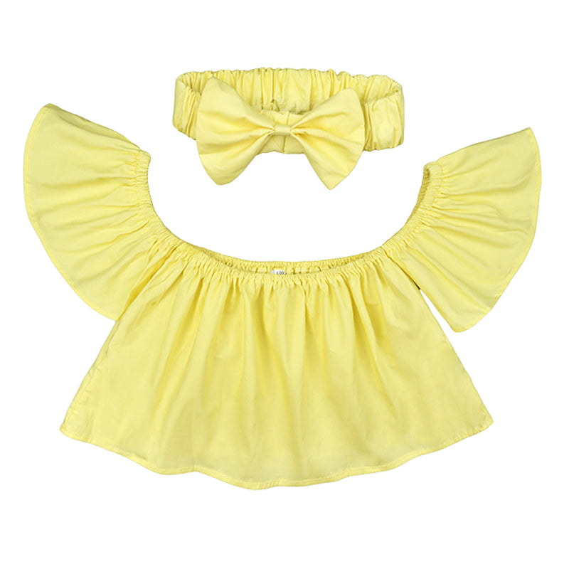 Baby Kid Girls Solid Color Tops And Bow Headwear
