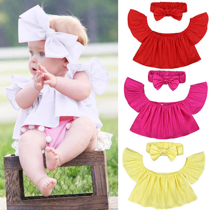 Baby Kid Girls Solid Color Tops And Bow Headwear