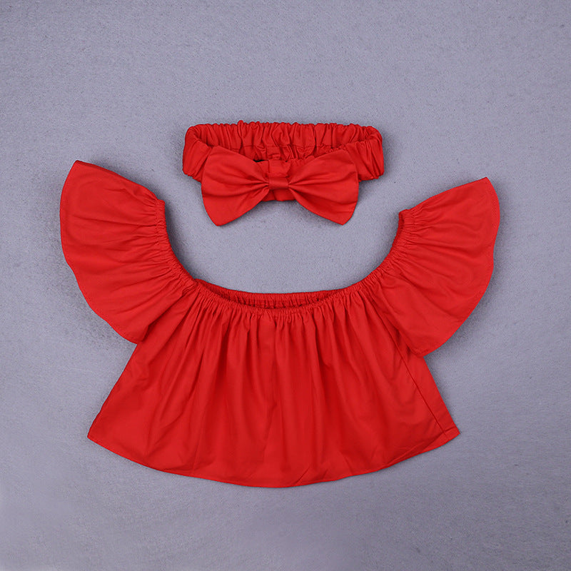 Baby Kid Girls Solid Color Tops And Bow Headwear