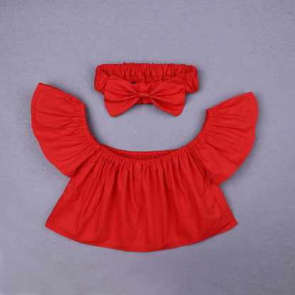 Baby Kid Girls Solid Color Tops And Bow Headwear