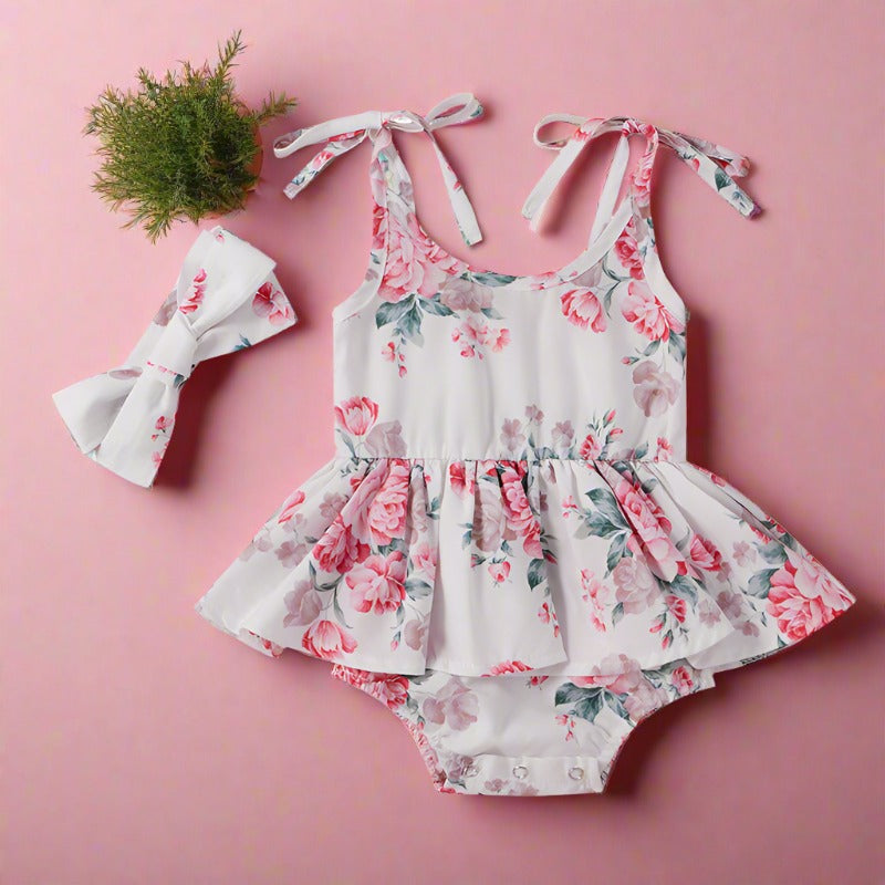 Baby Girls Flower Bow Print Dresses Headwear