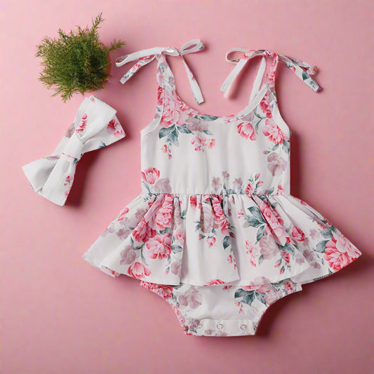 Baby Girls Flower Bow Print Dresses Headwear